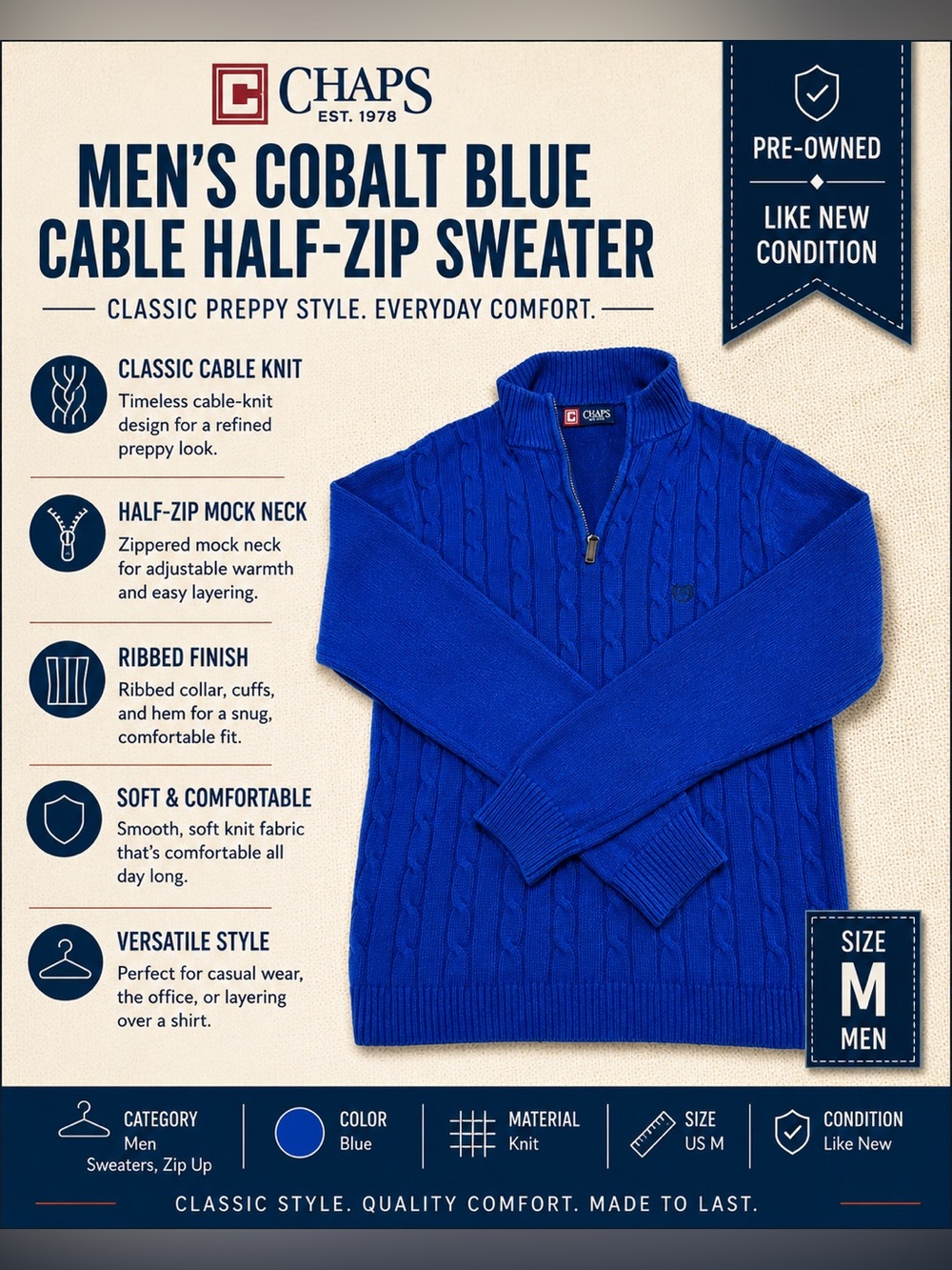 Chaps Men’s Cobalt Blue Cable Half-Zip Sweater
